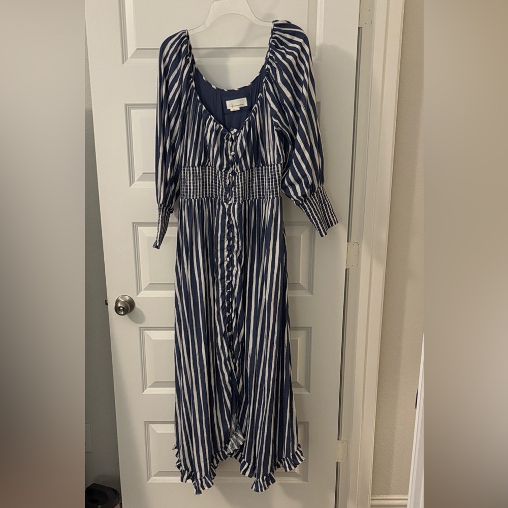 Anthropologie Blue & White Striped Long Sleeve midi dress SZ L prairie country